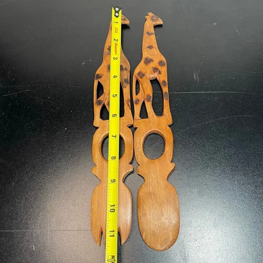 Vintage Hand Carved Wooden Giraffe Salad Spoon & Fork Set 11.25